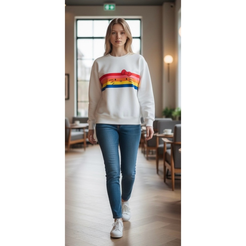 ModCloth Hello Kitty Rainbow Stripe Sweatshirt White Crewneck Pullover Small